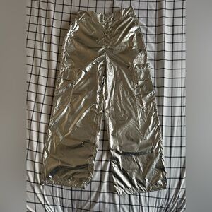 Silver Metallic Cargo Wide-Leg Pants